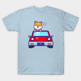 Cute Shiba Inu Driving Car Cartoon T-Shirt